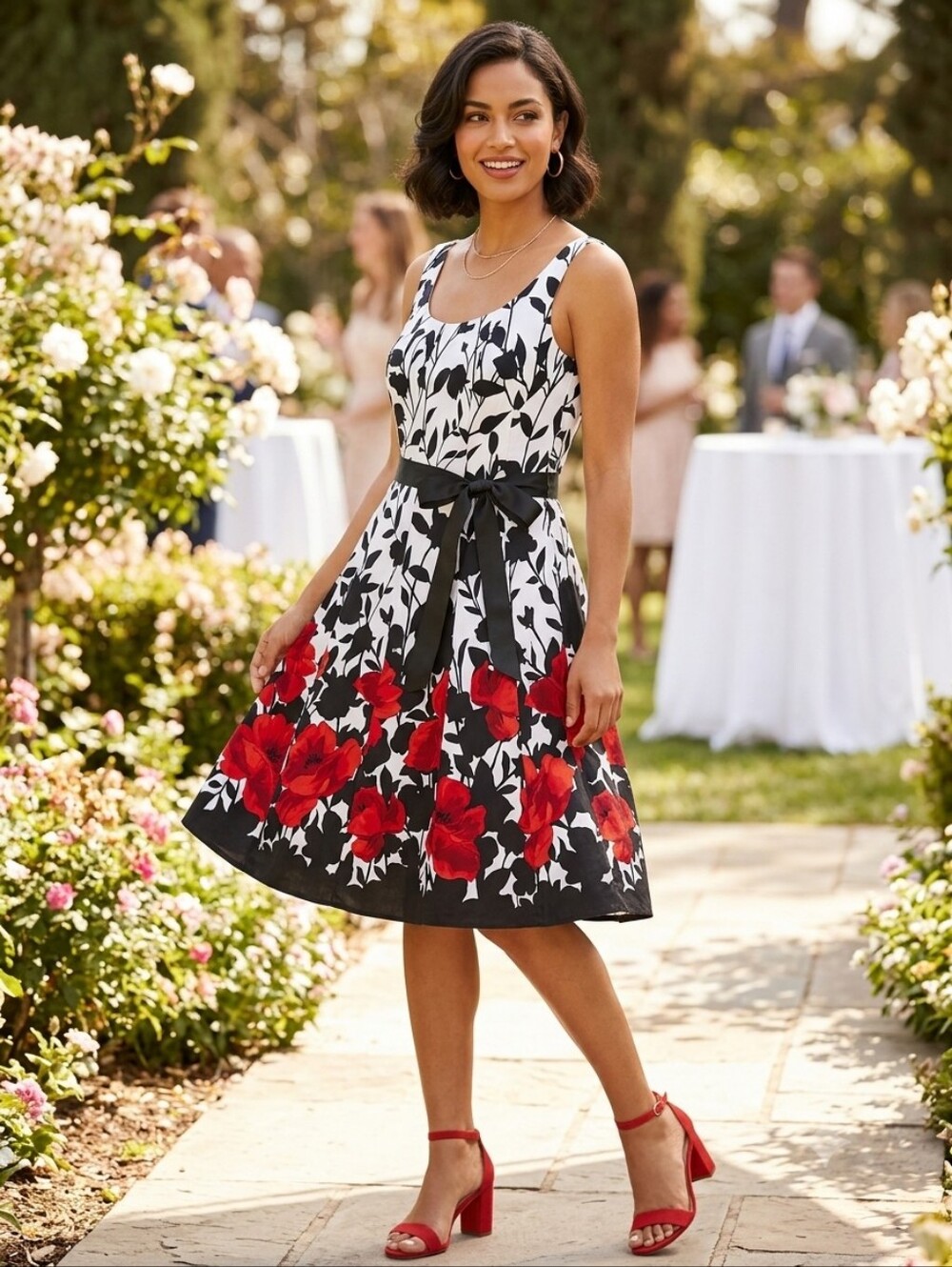 Jessica Howard Red Poppy Floral Belted Fit & Flare Dress Sz 8